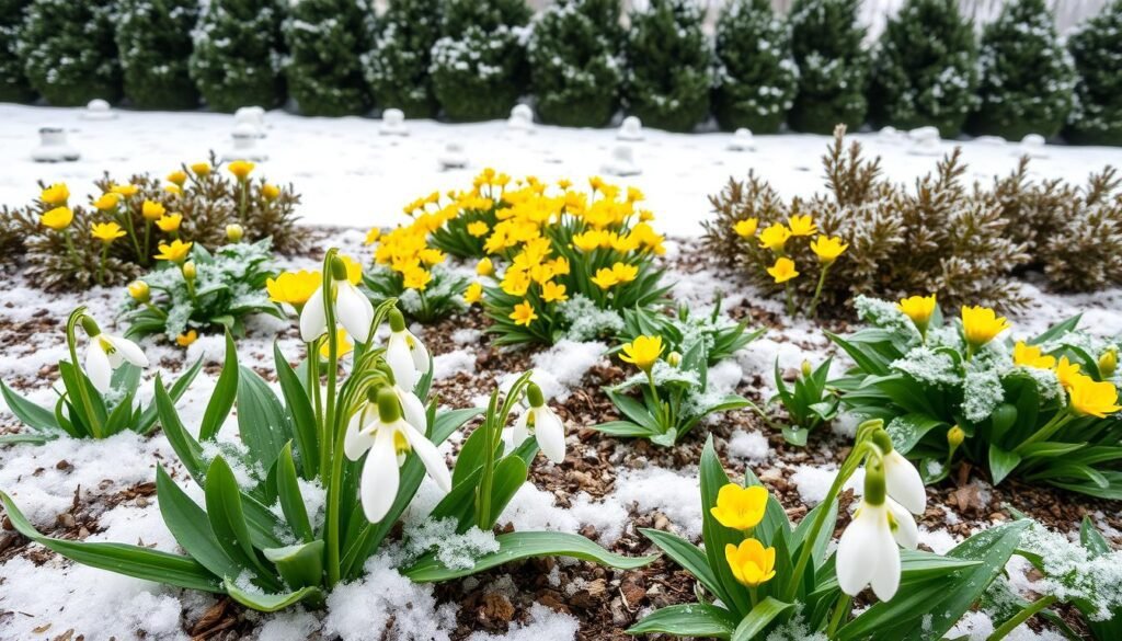 A vibrant and captivating winter garden scene, with a breathtaking display of blooming flowers amidst the frosty landscape. In the foreground, delicate snowdrops and fragrant hellebores emerge from the snow-dusted soil, their petals glistening under the soft, diffused light. The middle ground features a delightful cluster of cheerful winter aconites, their bright yellow cups standing out against the muted tones of the background. Framing the scene, a row of stately evergreen shrubs, their deep green foliage providing a beautiful contrast to the winter palette. The overall atmosphere is one of tranquility and resilience, a testament to the natural beauty that can thrive even in the harshest of seasons.