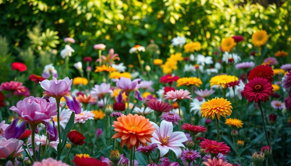 A vibrant and diverse garden, filled with an array of blooming flowers in a warm afternoon light. In the foreground, delicate petals of roses, irises, and peonies in a rich palette of reds, pinks, and purples. The middle ground showcases the graceful forms of lilies, dahlias, and chrysanthemums, their petals unfurling in shades of yellow, orange, and white. The background features a lush, verdant backdrop of leafy foliage, casting a gentle, natural glow. The scene is captured with a soft, shallow depth of field, emphasizing the captivating details and textures of the blossoms.