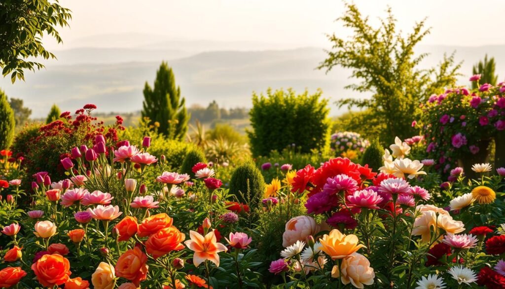 A vibrant and diverse garden scene, bathed in warm, golden sunlight. In the foreground, an array of lush, colorful flowers in bloom - roses, lilies, peonies, and more - arranged in a harmonious, naturalistic composition. In the middle ground, a mix of verdant shrubs and small trees, their leaves rustling gently in a soft breeze. The background features a hazy, out-of-focus vista of rolling hills and a distant horizon, creating a sense of depth and tranquility. The overall mood is one of serene abundance, showcasing the incredible variety and beauty of plants that can thrive in a well-designed garden. Pflanzen für den Garten