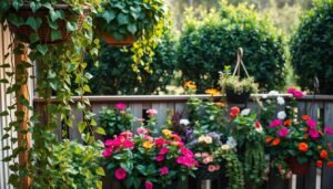 A vibrant and lush balcony garden, with a harmonious arrangement of potted plants and flowers. In the foreground, a variety of trailing vines cascade gracefully from hanging baskets, their leaves and blooms creating a soft, natural canopy. The middle ground features a mix of colorful annuals and perennials, their petals and foliage forming a vibrant tapestry against a weathered wooden railing. In the background, a few carefully selected shrubs or small trees add height and depth, their verdant foliage framing the scene. Warm, diffused lighting filters through the foliage, casting a gentle, dreamy glow over the entire composition. The overall mood is one of lush abundance, tranquility, and a connection to the natural world, perfectly capturing the essence of a flourishing balcony garden.