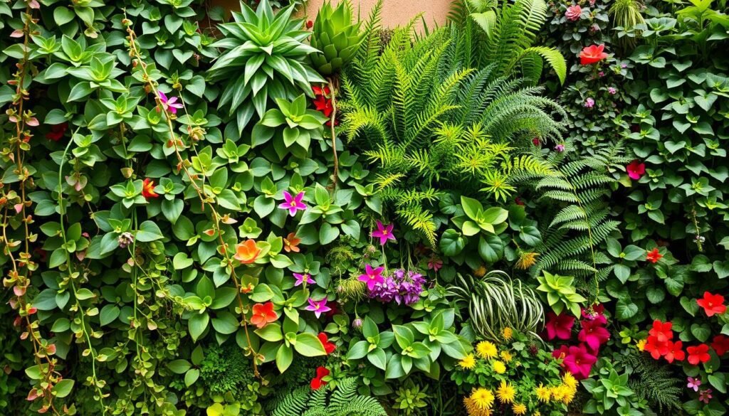 A vibrant and meticulously curated selection of lush, verdant plants suitable for a stunning vertical garden wall. In the foreground, an array of thriving succulents, trailing vines, and vibrant flowering plants cascade gracefully, their unique shapes and textures creating a captivating visual tapestry. The middle ground features a harmonious blend of leafy greens, from towering ferns to delicate, wispy foliage, all basking in the warm, natural lighting that filters through. In the background, a subtly textured, earthy wall provides a perfect backdrop, allowing the vibrant greenery to truly shine. The overall composition exudes a sense of tranquility and harmony, inspiring the viewer to envision the transformative potential of a vertical garden.
