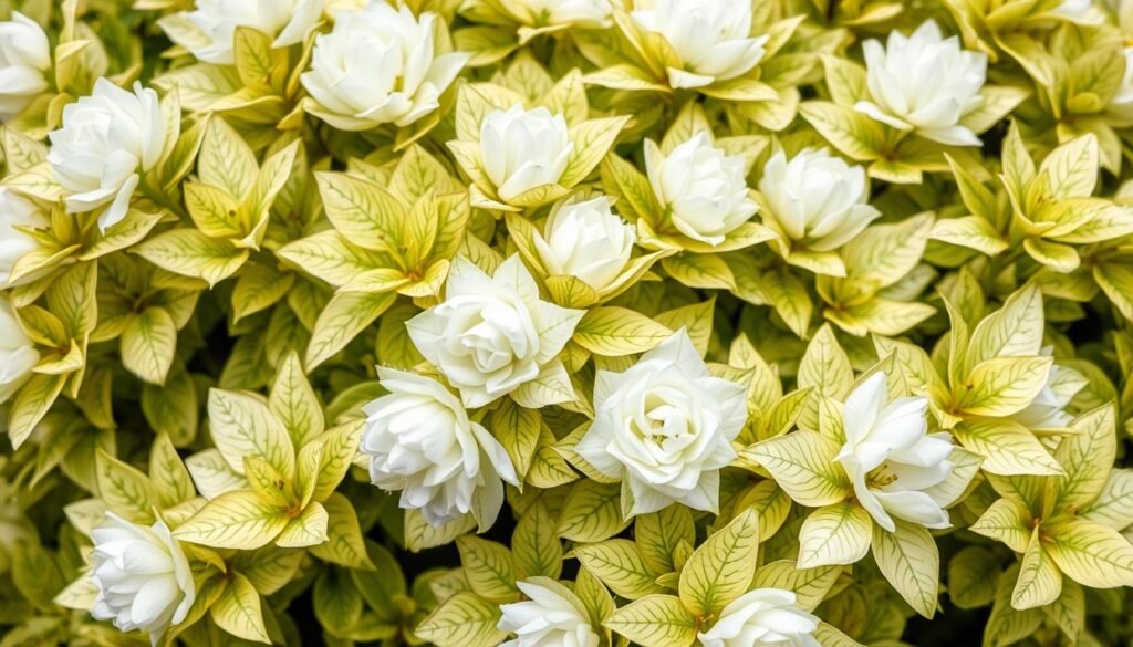 A vibrant and meticulously detailed close-up image of a Zimmerlinde variety known as "Flore Pleno Nana Variegata". The lush, variegated foliage fills the frame, showcasing the elegant, double-flowered blossoms in a soft, creamy white hue. The leaves display a delicate pattern of green and pale yellow-green, creating a visually striking contrast. The lighting is natural and diffused, accentuating the intricate textures and the translucent, almost ethereal quality of the petals. The depth of field is shallow, drawing the viewer's attention to the captivating central subject against a softly blurred background. This image offers a detailed, up-close examination of this unique and ornamental cultivar of the Tilia or Linden tree, perfectly suited to illustrate the diversity of Zimmerlinde varieties.