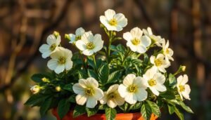 A vibrant arrangement of Lenzrosen (Christmas roses) potted in a rustic terracotta container, set against a softly blurred natural backdrop. The delicate, creamy-white blossoms with their distinctive green centers stand tall, their glossy, leathery leaves creating a lush, textural contrast. Warm, diffused lighting illuminates the scene, casting gentle shadows and highlights that emphasize the flowers' sculptural forms. The overall composition conveys a sense of tranquility and the beauty of these hardy, easy-to-grow perennials, perfectly suited for the "Anbau und Pflanzmethoden für die Lenzrose" section.