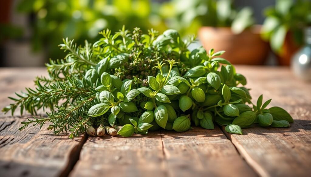 A vibrant arrangement of fresh Mediterranean herbs, including rosemary, thyme, oregano, and basil, artfully displayed on a rustic wooden table. The herbs are illuminated by warm, natural lighting, casting delicate shadows and highlighting their lush, green hues. The composition is framed by a blurred background, suggesting a cozy kitchen or outdoor garden setting. The image conveys a sense of wellness, culinary inspiration, and the essence of the Mediterranean lifestyle. A vibrant arrangement of fresh Mediterranean herbs, including rosemary, thyme, oregano, and basil, artfully displayed on a rustic wooden table. The herbs are illuminated by warm, natural lighting, casting delicate shadows and highlighting their lush, green hues. The composition is framed by a blurred background, suggesting a cozy kitchen or outdoor garden setting. The image conveys a sense of wellness, culinary inspiration, and the essence of the Mediterranean lifestyle.