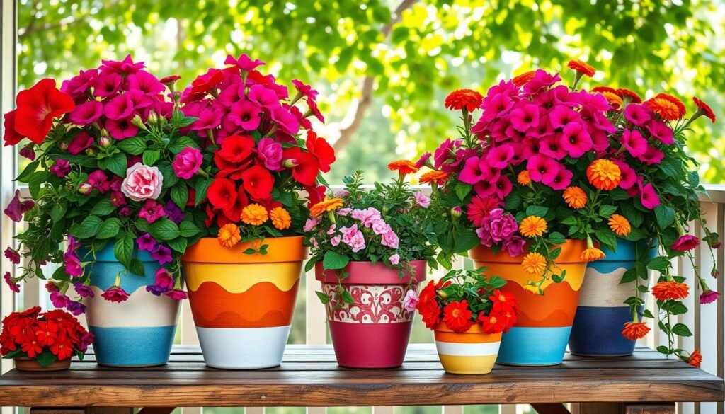 A vibrant array of painted terra cotta pots, overflowing with a lush tapestry of summer flowers, artfully arranged on a rustic wooden table. Billowing petunias, cheerful marigolds, and cascading vines spill over the edges, bathed in the warm glow of dappled sunlight filtering through a canopy of leafy greens. The composition is balanced and visually compelling, inviting the viewer to imagine this delightful scene gracing a breezy balcony or charming garden terrace. Crisp, high-resolution details capture the textural richness and vibrant colors, creating a sense of depth and dimension. The overall mood is one of vibrant, summertime joy and creative, natural harmony.