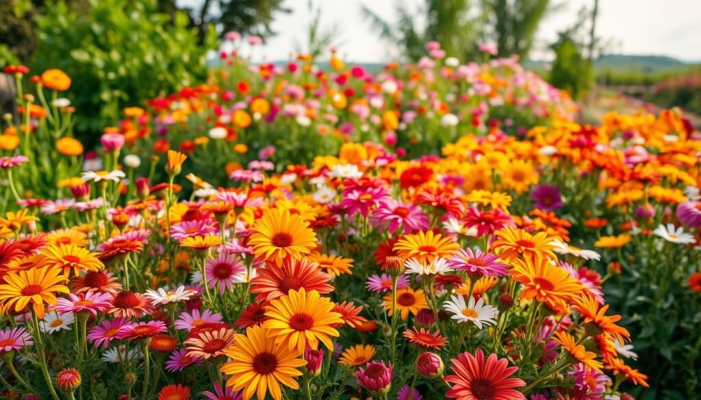 A vibrant array of summer blooms in a lush garden, the foreground filled with a colorful cluster of various flower varieties, their petals gently swaying in the soft, diffused sunlight. The middle ground showcases a diverse arrangement of blooming annuals and perennials, each with its unique hue and texture, creating a visually captivating tapestry of color. In the background, a natural landscape unfolds, with verdant foliage and a hint of a tranquil sky, setting the stage for this breathtaking display of Blumensorten Farbvielfalt. The scene is captured with a warm, inviting tone, using a wide-angle lens to emphasize the depth and breadth of this vibrant floral paradise. A vibrant array of summer blooms in a lush garden, the foreground filled with a colorful cluster of various flower varieties, their petals gently swaying in the soft, diffused sunlight. The middle ground showcases a diverse arrangement of blooming annuals and perennials, each with its unique hue and texture, creating a visually captivating tapestry of color. In the background, a natural landscape unfolds, with verdant foliage and a hint of a tranquil sky, setting the stage for this breathtaking display of Blumensorten Farbvielfalt. The scene is captured with a warm, inviting tone, using a wide-angle lens to emphasize the depth and breadth of this vibrant floral paradise.