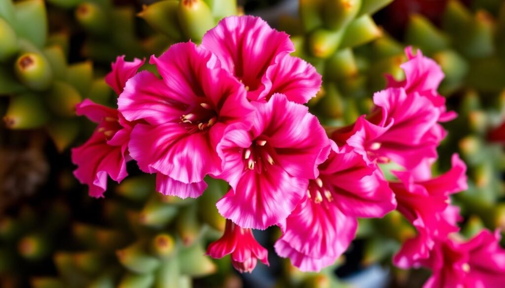 A vibrant, close-up photograph of a Schlumbergera, also known as the Christmas cactus, in full bloom. The plant's segmented, succulent stems are a lush green, contrasting beautifully with the showy, ruffled flowers that cascade in a radiant array of pink, purple, and crimson hues. Soft, warm lighting accentuates the delicate petals and velvety textures, creating a sense of festive cheer and natural splendor. The image captures the plant's unique characteristics and captivating floral display, highlighting its status as a cherished holiday houseplant.