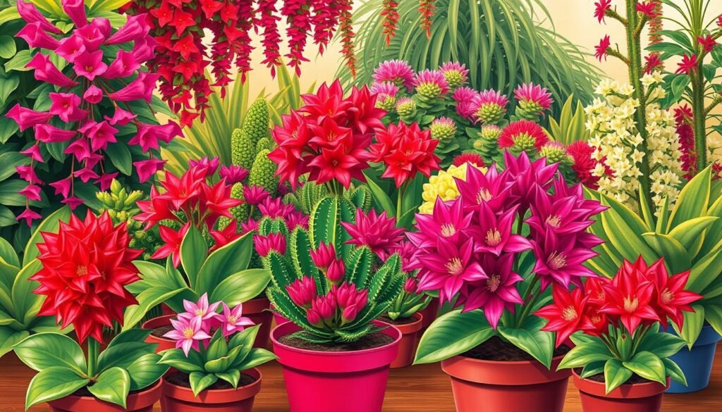 A vibrant, detailed illustration showcasing a variety of Schlumbergera (Christmas Cactus) species and cultivars. The foreground features several potted plants in bloom, displaying a range of colors and petal shapes, from deep red to bright fuschia. The middle ground shows a diverse assortment of Schlumbergera varieties, including cascading, trailing types and more upright, rounded forms. The background depicts a lush, tropical setting with verdant foliage and soft, diffused lighting, creating a warm, festive atmosphere. The composition is balanced, highlighting the unique characteristics and diversity of this beloved holiday plant.