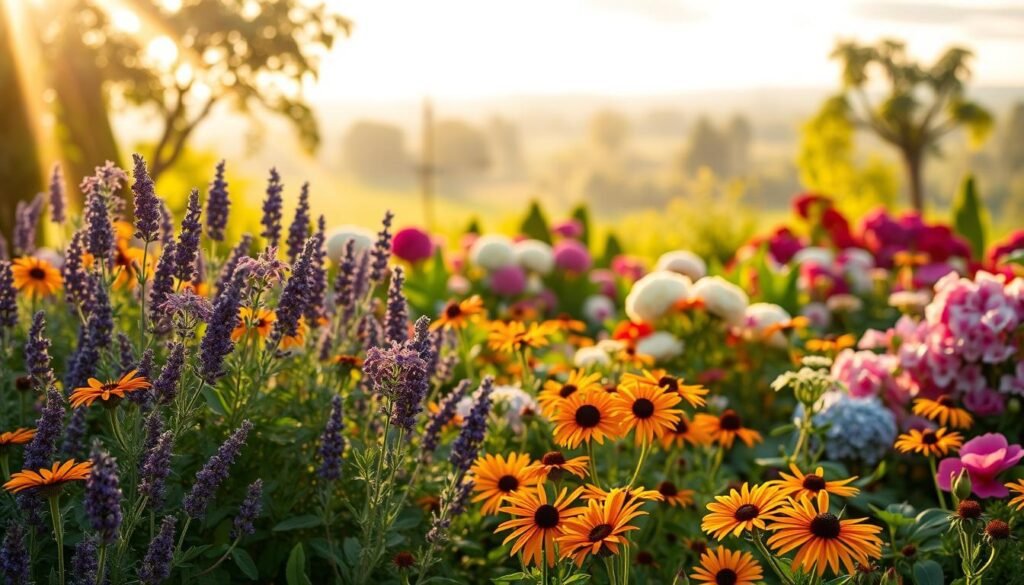 A vibrant flowerbed overflowing with robust garden plants, bathed in warm, golden sunlight streaming through wispy clouds. In the foreground, a lush tapestry of resilient perennials like lavender, sage, and black-eyed Susans sway gently in a light breeze. In the middle ground, sturdy shrubs like hydrangeas and azaleas burst with colorful blooms, their waxy petals glistening. Behind them, the background fades into a softly blurred landscape of verdant trees and a hazy horizon, creating a sense of depth and tranquility. The overall scene exudes an air of effortless beauty and enduring resilience, perfectly capturing the essence of robust garden plants.