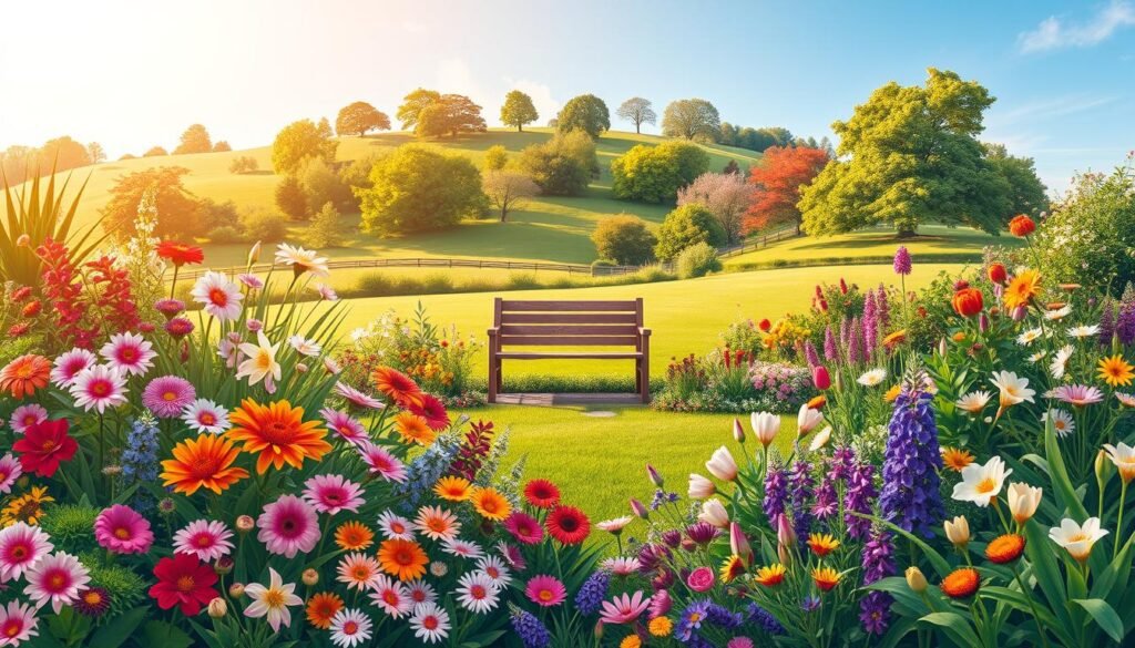 A vibrant, full-color illustration showcasing the blooming cycles of garden plants throughout the year. In the foreground, a lush, diverse flowerbed with a variety of blooming perennials, annuals, and bulbs in different stages of growth. The middle ground features a neatly manicured lawn leading to a quaint garden path, with a wooden bench inviting viewers to pause and observe. In the background, a rolling hillside dotted with mature trees in various hues of green, with a clear blue sky overhead, illuminated by warm, golden natural light slanting across the scene. The composition emphasizes the seasonal ebb and flow of garden life, capturing the cyclical beauty of plants in their Blütezeiten, or peak blooming periods, throughout the year.