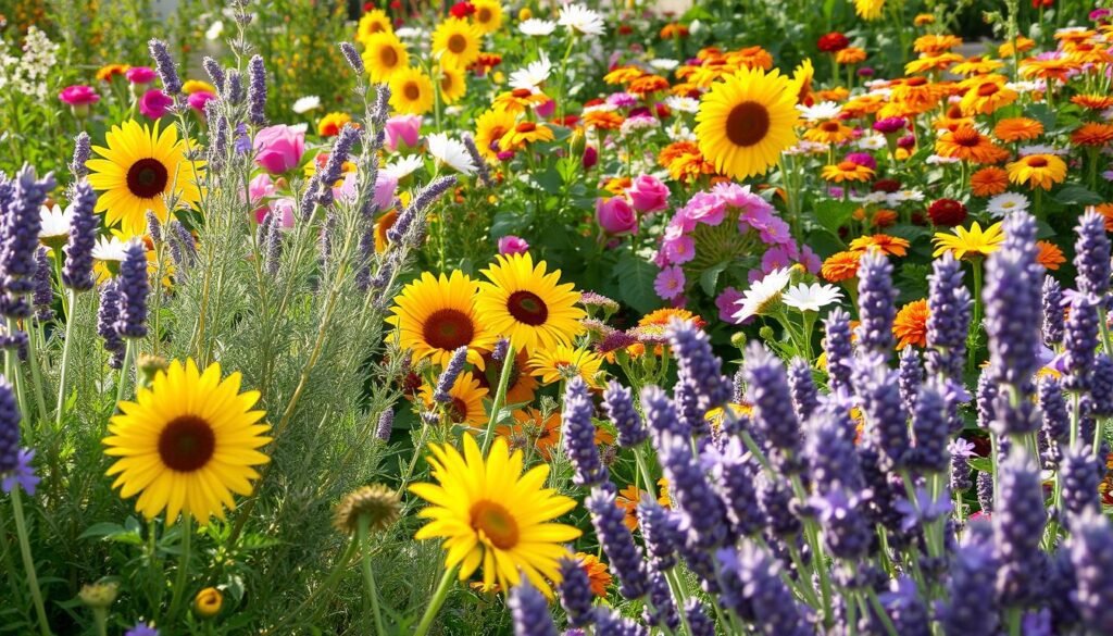 A vibrant garden filled with a diverse array of blooming flowers and fragrant plants. In the foreground, a lush cluster of lavender, its delicate purple hues complemented by the soft, velvety textures of its petals. Alongside, a burst of yellow sunflowers reaching towards the sun, their large, cheerful faces exuding warmth. In the middle ground, a mix of fragrant herbs such as rosemary, thyme, and mint, their aromatic leaves gently swaying in a light breeze. In the background, a profusion of other flowering plants in a riot of colors - pink roses, white daisies, and bold, fiery marigolds. The scene is bathed in a soft, golden glow, creating a tranquil, inviting atmosphere that captures the beauty and diversity of the garden's floral bounty.