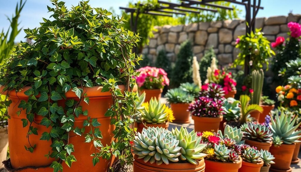 A vibrant garden scene bathed in warm Mediterranean sunlight, showcasing a variety of lush potted plants. In the foreground, a terracotta planter overflows with cascading vines and bold, textured foliage. Midground, an assortment of potted succulents and flowering perennials dot the scene, their colors ranging from deep greens to vibrant purples and reds. In the background, a stone wall or trellis serves as a natural backdrop, hinting at an idyllic outdoor living space. The composition is balanced and inviting, capturing the essence of Mediterranean-style container gardening. A vibrant garden scene bathed in warm Mediterranean sunlight, showcasing a variety of lush potted plants. In the foreground, a terracotta planter overflows with cascading vines and bold, textured foliage. Midground, an assortment of potted succulents and flowering perennials dot the scene, their colors ranging from deep greens to vibrant purples and reds. In the background, a stone wall or trellis serves as a natural backdrop, hinting at an idyllic outdoor living space. The composition is balanced and inviting, capturing the essence of Mediterranean-style container gardening.