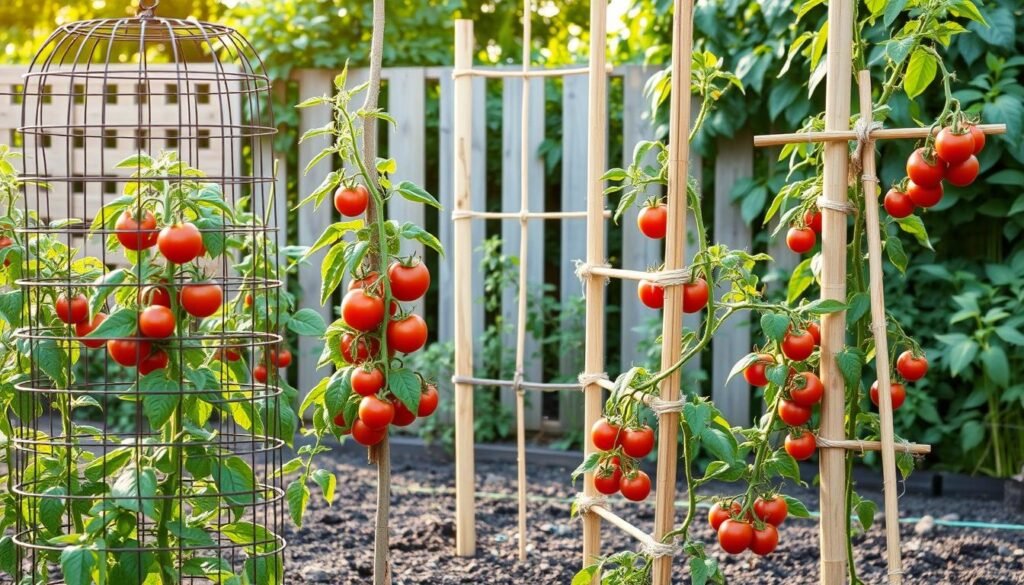 A vibrant garden scene showcasing an array of tomato plant support structures. In the foreground, sturdy wire cages and wooden trellises provide a sturdy framework for the thriving tomato vines to climb, their lush green foliage and ripening red fruits prominently displayed. The middle ground features creative DIY solutions like repurposed bamboo poles and twine, artfully arranged to guide the plants upwards. In the background, a slatted wooden fence and a verdant backdrop of leafy plants create a natural and rustic setting. Soft, diffused sunlight casts a warm, golden glow over the entire scene, accentuating the natural beauty of the tomato plants and their support systems. A vibrant garden scene showcasing an array of tomato plant support structures. In the foreground, sturdy wire cages and wooden trellises provide a sturdy framework for the thriving tomato vines to climb, their lush green foliage and ripening red fruits prominently displayed. The middle ground features creative DIY solutions like repurposed bamboo poles and twine, artfully arranged to guide the plants upwards. In the background, a slatted wooden fence and a verdant backdrop of leafy plants create a natural and rustic setting. Soft, diffused sunlight casts a warm, golden glow over the entire scene, accentuating the natural beauty of the tomato plants and their support systems.