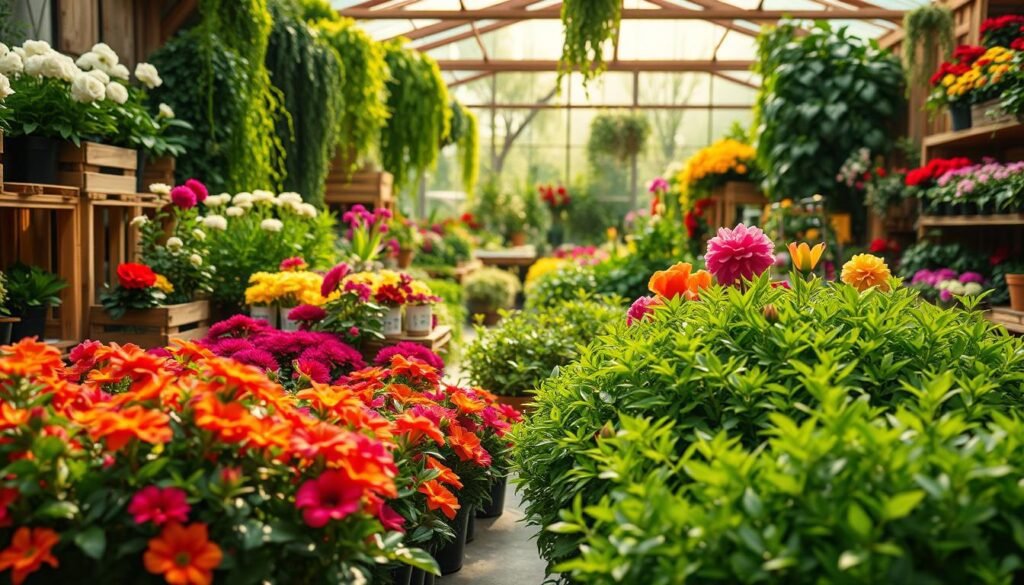 A vibrant green and lush garden center, showcasing a diverse array of blooming plants and flowers against a backdrop of wooden crates and rustic shelving. Warm, natural lighting filters through the foliage, casting gentle shadows and highlighting the vibrant hues. In the foreground, carefully arranged potted plants and bushes invite the viewer to imagine the beautiful botanicals they could order and have delivered. The overall scene conveys a sense of abundance, quality, and the joy of gardening, perfectly capturing the essence of an online plant nursery and delivery service.