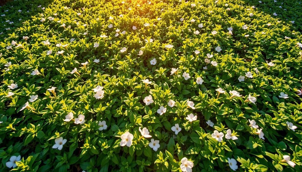 A vibrant ground cover of lush, verdant Bodendecker plants thriving in the warm, golden glow of the sun. The delicate, intertwined foliage covers the earth in a tapestry of varying shades of green, punctuated by splashes of seasonal blooms in soft pastels. Sunlight filters through the leaves, casting intricate shadows that dance across the surface. The scene evokes a sense of tranquility and natural harmony, inviting the viewer to step into this serene outdoor oasis. Captured with a wide-angle lens to showcase the expansive, breathtaking beauty of this flourishing ground cover bathed in the radiant, life-giving light of the sun. A vibrant ground cover of lush, verdant Bodendecker plants thriving in the warm, golden glow of the sun. The delicate, intertwined foliage covers the earth in a tapestry of varying shades of green, punctuated by splashes of seasonal blooms in soft pastels. Sunlight filters through the leaves, casting intricate shadows that dance across the surface. The scene evokes a sense of tranquility and natural harmony, inviting the viewer to step into this serene outdoor oasis. Captured with a wide-angle lens to showcase the expansive, breathtaking beauty of this flourishing ground cover bathed in the radiant, life-giving light of the sun.