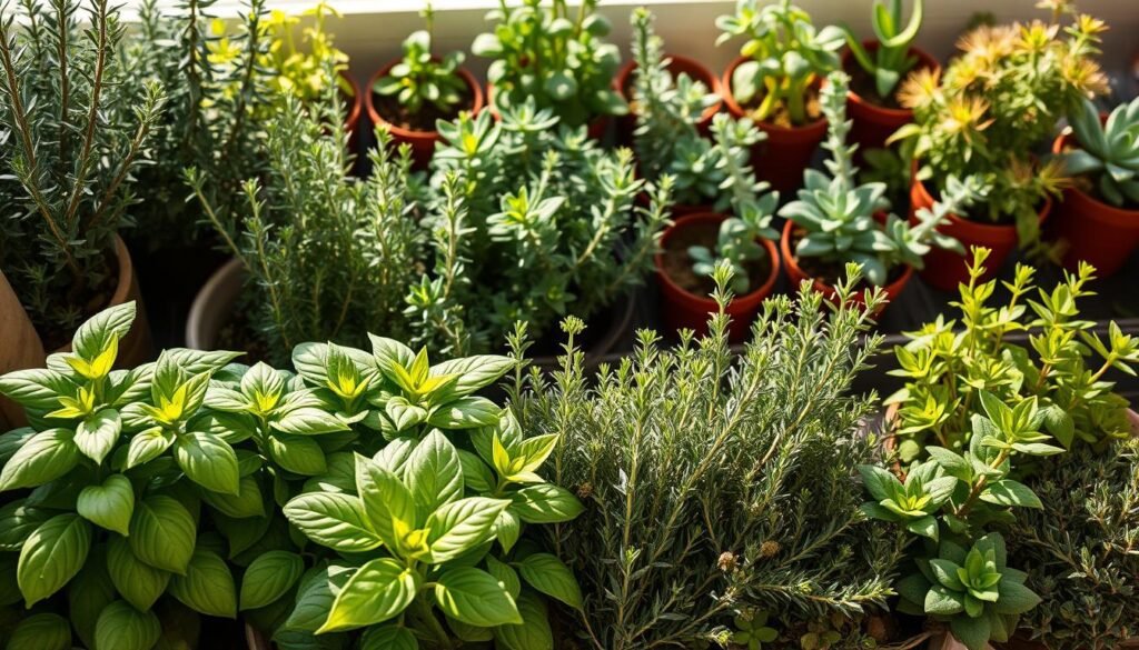 A vibrant, high-resolution photograph of a diverse array of Mediterranean herbs and compact plant varieties arranged in a visually appealing, harmonious composition. The foreground showcases lush, verdant basil, rosemary, and thyme plants in full bloom, their leaves glistening under the warm, natural light. The middle ground features a mix of smaller, bushy herbs such as oregano, marjoram, and sage, complementing the larger specimens. In the background, a selection of compact, potted succulents and trailing vines add depth and visual interest to the overall scene. The lighting is soft and diffused, creating a gentle, inviting atmosphere that emphasizes the natural beauty and vibrancy of the plants. The image is captured from a slightly elevated angle, providing a clear, unobstructed view of the diverse, harmonious arrangement.