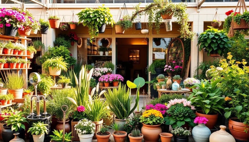 A vibrant online garden store, with a wide variety of lush greenery, colorful blooms, and practical accessories displayed against a bright, inviting backdrop. In the foreground, a selection of potted plants, garden tools, and decorative accents are neatly arranged, beckoning viewers to explore further. The middle ground features a diverse array of hanging baskets, terrariums, and trellised vines, creating a sense of depth and layers. In the background, the store's exterior is bathed in warm, golden sunlight, conveying a welcoming and harmonious atmosphere. The image captures the essence of a well-curated, visually appealing online garden shop, inviting the viewer to imagine the possibilities for their own outdoor oasis.
