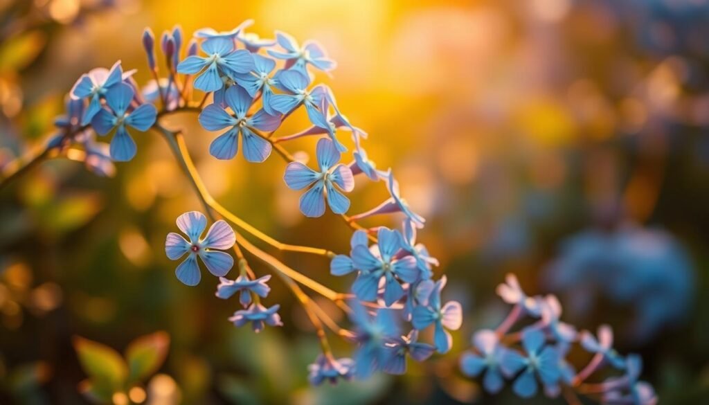 A vibrant plumbago plant in full bloom, captured in a close-up shot that highlights the stunning profusion of delicate, powder-blue flowers adorning its graceful, trailing stems. The scene is bathed in warm, golden-hour light, casting a gentle, luminous glow on the petals and accentuating their intricate, star-like patterns. The background is softly blurred, allowing the flowers to take center stage and their captivating "Blütenpracht" to shine. The overall mood is one of serene beauty and nature's resplendent display, perfectly capturing the essence of the "Blütezeit und Erhalt der Blütenpracht" section of the article.