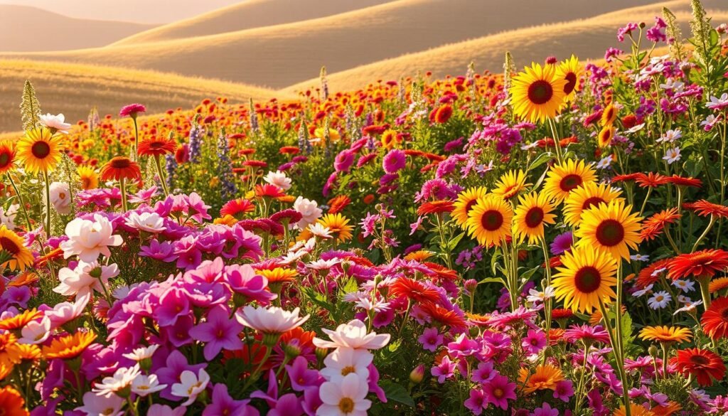 A vibrant seasonal garden bursting with lush blooms. In the foreground, a kaleidoscope of colorful flowers - delicate peonies, fragrant phlox, and cheerful sunflowers - bathed in warm, golden sunlight. The middle ground showcases a profusion of dancing delphiniums, cosmos, and zinnias swaying in a gentle breeze. In the background, a dreamy haze of soft, pastel hues highlights the undulating landscape, creating a serene, dreamlike atmosphere. Captured with a wide-angle lens to convey a sense of abundance and wonder, this image exudes the essence of a summer garden at the height of its seasonal splendor.