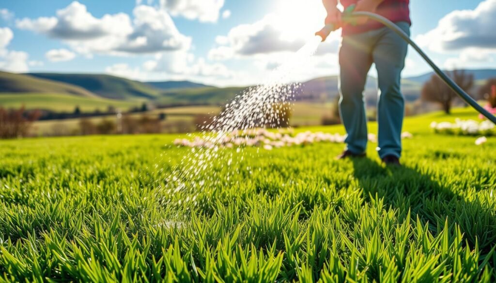 A vibrant spring garden scene with a well-manicured lawn in the foreground. Lush green grass is being tended to by a person wielding a garden hose, water gently cascading over the blades. In the middle ground, a variety of blooming flowers in pastel hues surround the lawn, creating a colorful and inviting atmosphere. The background features a picturesque landscape with rolling hills, a clear blue sky, and the warm glow of the sun filtering through fluffy white clouds. The overall mood is one of rejuvenation and the promise of a thriving outdoor space in the new season.
