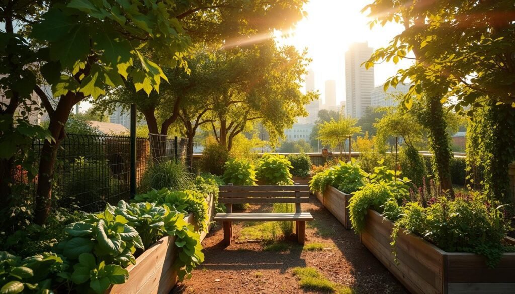 A vibrant urban garden with lush foliage and diverse plantings, bathed in warm, golden afternoon light filtering through a canopy of trees. Raised planter boxes line the edges, overflowing with a variety of vegetables, herbs, and trailing vines. In the middle ground, a rustic wooden bench invites visitors to pause and take in the serene, verdant oasis amidst the concrete jungle. The background hints at the surrounding urban environment, with the distant skyline of high-rise buildings visible through the branches. A sense of harmony and balance permeates the scene, showcasing the beauty and potential of urban gardening.