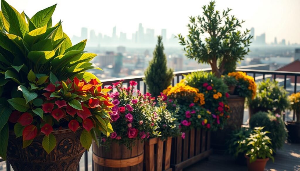 A vibrant, verdant potted plant display on a sun-dappled wooden balcony. In the foreground, lush, broad-leaved tropical foliage cascades from an ornate ceramic planter. In the midground, a mix of evergreen shrubs and flowering annuals spill over the edge of rustic wooden planters. The background reveals a distant cityscape, with skyscrapers and rooftops peeking through a gauzy haze. Warm, soft lighting bathes the scene, casting gentle shadows and highlights that accentuate the plants' textures and colors. The overall impression is one of serene, natural beauty amidst an urban setting, showcasing the joys of cultivating verdant Kübelpflanzen on a city balcony.