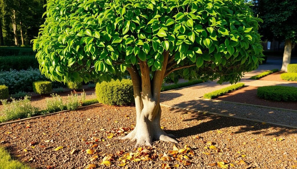 A well-cultivated Zimmerlinde tree stands in a sunlit garden, its lush green foliage casting dappled shadows on the rich, loamy soil below. The tree's compact, rounded canopy is the result of careful pruning, revealing its gnarled, silvery-gray trunk. In the foreground, a handful of fallen leaves litter the ground, hinting at the tree's vibrant seasonal transformation. The scene is bathed in warm, golden-hour light, creating a serene and inviting atmosphere. A sense of care and attention to detail is palpable, reflecting the nurturing relationship between the Zimmerlinde and its caretaker.