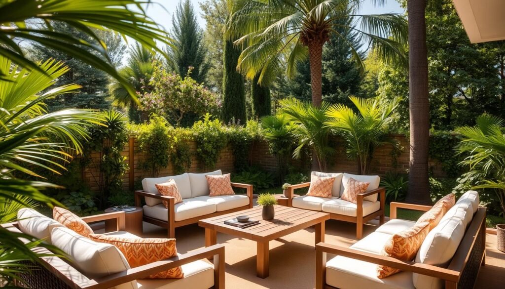 A well-curated selection of stylish outdoor patio furniture, showcased in a sun-dappled, lush garden setting. Sleek, modern sofas and armchairs in neutral tones accented with vibrant throw pillows, complemented by a wooden dining table and matching bench seating. The scene is framed by verdant foliage and tall, swaying trees, creating a serene, nature-inspired ambiance. Soft, diffused lighting casts a warm glow, heightening the inviting and relaxing atmosphere. The image captures the perfect blend of comfort and style, inspiring ideas for crafting an idyllic, personalized terrace oasis. A well-curated selection of stylish outdoor patio furniture, showcased in a sun-dappled, lush garden setting. Sleek, modern sofas and armchairs in neutral tones accented with vibrant throw pillows, complemented by a wooden dining table and matching bench seating. The scene is framed by verdant foliage and tall, swaying trees, creating a serene, nature-inspired ambiance. Soft, diffused lighting casts a warm glow, heightening the inviting and relaxing atmosphere. The image captures the perfect blend of comfort and style, inspiring ideas for crafting an idyllic, personalized terrace oasis.