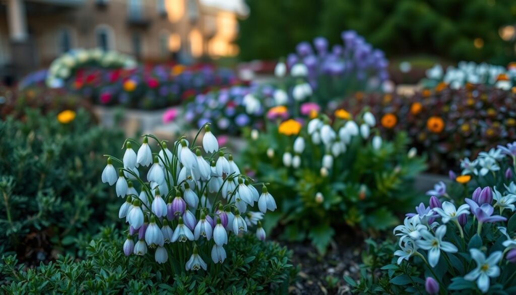 A well-lit, close-up photograph of a diverse array of winter-blooming flowers against a soft, blurred background. The foreground features clusters of delicate, fragrant flowers in shades of white, purple, and pink, such as hellebores, snowdrops, and winter aconite, nestled among lush, evergreen foliage. The middle ground showcases a naturalistic garden setting with a mix of native plants and colorful ground cover. The background is softly out of focus, suggesting a peaceful, tranquil atmosphere. The lighting is natural and diffused, casting a warm, inviting glow on the scene. The angle is slightly elevated to provide a captivating, almost eye-level perspective of the winter blooms.