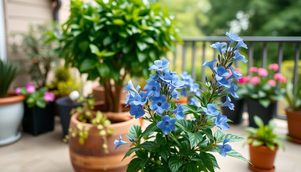 A well-lit, high-quality photograph of a potted plumbago plant, showcasing the optimal planting and placement for the specimen. The plumbago is positioned prominently in the foreground, with its distinctive blue-violet flowers and lush, green foliage. The mid-ground features a harmonious arrangement of complementary potted plants, while the background depicts a serene, natural setting, such as a patio, balcony, or garden. Soft, diffused lighting from overhead casts a warm, flattering glow on the scene. The camera angle is slightly elevated, providing a clear, unobstructed view of the plumbago and its ideal growing environment. The overall composition conveys a sense of tranquility, highlighting the beauty and care required for a thriving plumbago stämmchen.