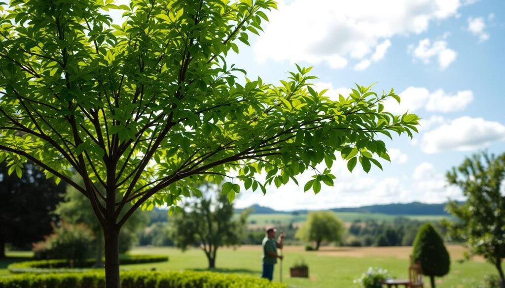 A well-manicured, lush garden scene with a focus on a young, healthy tree in the foreground. The tree's canopy casts a dappled shade, filtered sunlight illuminating the vibrant green leaves. In the middle ground, a gardener carefully prunes the tree's branches, maintaining its balanced and symmetrical shape. The background features a tranquil, pastoral landscape with rolling hills and a blue sky dotted with fluffy white clouds. The overall mood is one of serene, summertime gardening and tree care.