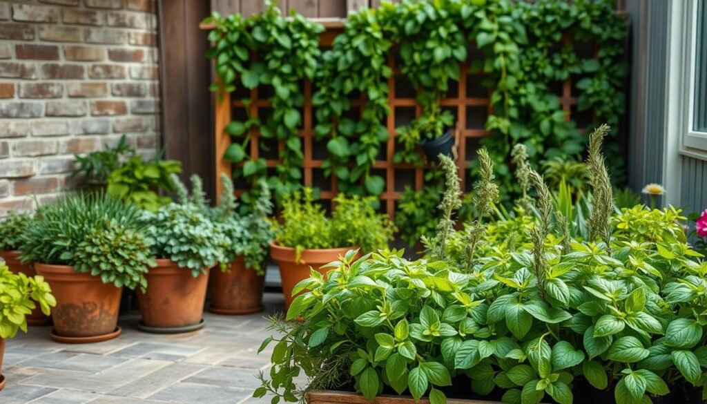 A well-organized and vibrant Kreative Kräutergarten Gestaltung scene. In the foreground, an array of lush, verdant herb planters artfully arranged in a visually appealing layout. The planters feature a variety of herbs such as basil, rosemary, thyme, and oregano, their foliage cascading gracefully. The middle ground showcases an elegant, rustic wooden trellis supporting climbing vines, adding depth and dimension. In the background, a backdrop of weathered brick walls or wood paneling provides a warm, cozy ambiance. Soft, natural lighting illuminates the scene, casting gentle shadows and highlighting the vibrant colors of the herbs. The overall composition exudes a sense of tranquility and inspiration, inviting the viewer to envision creating their own Kreative Kräutergarten.