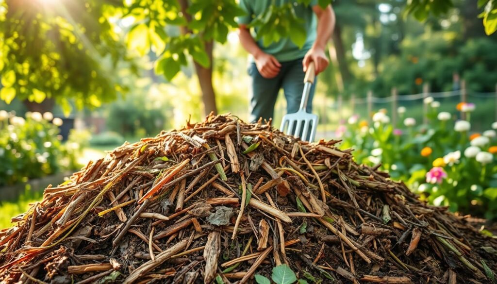 A well-organized compost pile in a lush, green garden setting. The foreground showcases a cross-section of the pile, revealing layers of brown and green organic materials in various stages of decomposition. Sunlight filters through the leaves of surrounding trees, casting a warm, natural glow on the scene. The middle ground features a person carefully turning the compost with a garden fork, promoting aeration and even breakdown. In the background, a flourishing vegetable garden and blooming flowers suggest the productive potential of the optimized compost. The overall mood is one of tranquility, productivity, and the seamless integration of natural cycles within a thriving, sustainable outdoor space. A well-organized compost pile in a lush, green garden setting. The foreground showcases a cross-section of the pile, revealing layers of brown and green organic materials in various stages of decomposition. Sunlight filters through the leaves of surrounding trees, casting a warm, natural glow on the scene. The middle ground features a person carefully turning the compost with a garden fork, promoting aeration and even breakdown. In the background, a flourishing vegetable garden and blooming flowers suggest the productive potential of the optimized compost. The overall mood is one of tranquility, productivity, and the seamless integration of natural cycles within a thriving, sustainable outdoor space.