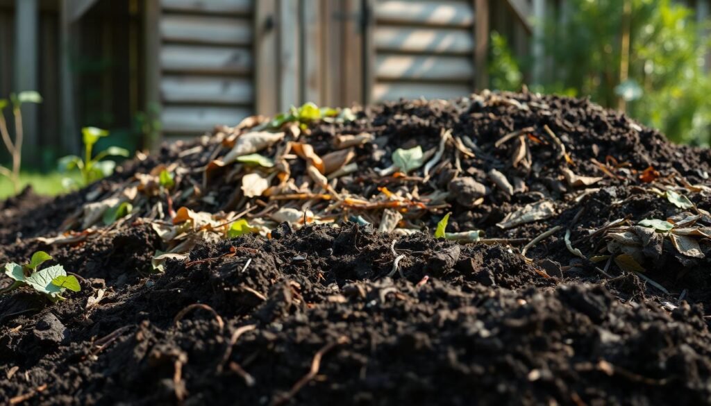 A well-organized compost pile, layers of organic matter neatly arranged, with rich, dark soil in the foreground. The middle ground features a mix of browns and greens - shredded leaves, vegetable scraps, and other compostable materials. In the background, a wooden garden shed, its weathered boards casting gentle shadows. Soft, diffused sunlight filters through, illuminating the scene with a warm, earthy glow. The overall atmosphere is one of productivity and natural harmony, reflecting the practical and informative nature of the article section. A well-organized compost pile, layers of organic matter neatly arranged, with rich, dark soil in the foreground. The middle ground features a mix of browns and greens - shredded leaves, vegetable scraps, and other compostable materials. In the background, a wooden garden shed, its weathered boards casting gentle shadows. Soft, diffused sunlight filters through, illuminating the scene with a warm, earthy glow. The overall atmosphere is one of productivity and natural harmony, reflecting the practical and informative nature of the article section.