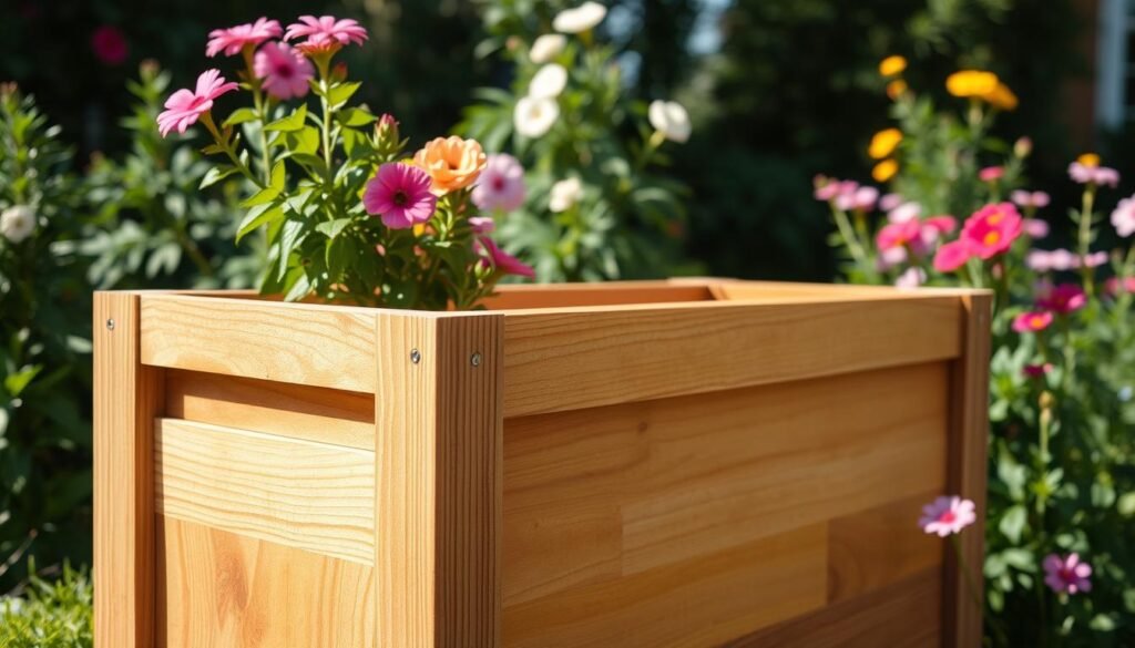 A well-preserved wooden planter box, its exterior showcasing a delicate wood preservation treatment. The surface is smooth and glistening, protected by a clear, satin-like varnish that enhances the natural grain and color of the wood. Sunlight gently filters through, casting warm, soft shadows that accentuate the planter's elegant design. The planter stands in a serene outdoor setting, surrounded by lush greenery and vibrant flowers, creating a harmonious and inviting composition. The scene conveys a sense of care, attention to detail, and a appreciation for the natural beauty of wood in the garden environment. A well-preserved wooden planter box, its exterior showcasing a delicate wood preservation treatment. The surface is smooth and glistening, protected by a clear, satin-like varnish that enhances the natural grain and color of the wood. Sunlight gently filters through, casting warm, soft shadows that accentuate the planter's elegant design. The planter stands in a serene outdoor setting, surrounded by lush greenery and vibrant flowers, creating a harmonious and inviting composition. The scene conveys a sense of care, attention to detail, and a appreciation for the natural beauty of wood in the garden environment.