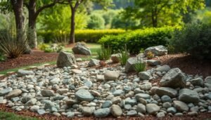A well-tended garden with a beautiful stone bed in the foreground, showcasing a variety of carefully selected rocks, pebbles, and small boulders artfully arranged to create a natural and harmonious display. In the middle ground, a few strategically placed plants, such as drought-tolerant succulents or low-growing perennials, add pops of vibrant color and texture, complementing the earthy tones of the stones. The background features a lush, verdant landscape, with tall trees and shrubs providing a sense of depth and framing the scene. The lighting is soft and diffused, creating a warm, inviting atmosphere that highlights the intricate details of the stone garden. The overall composition evokes a sense of tranquility and a deep connection to the natural world.