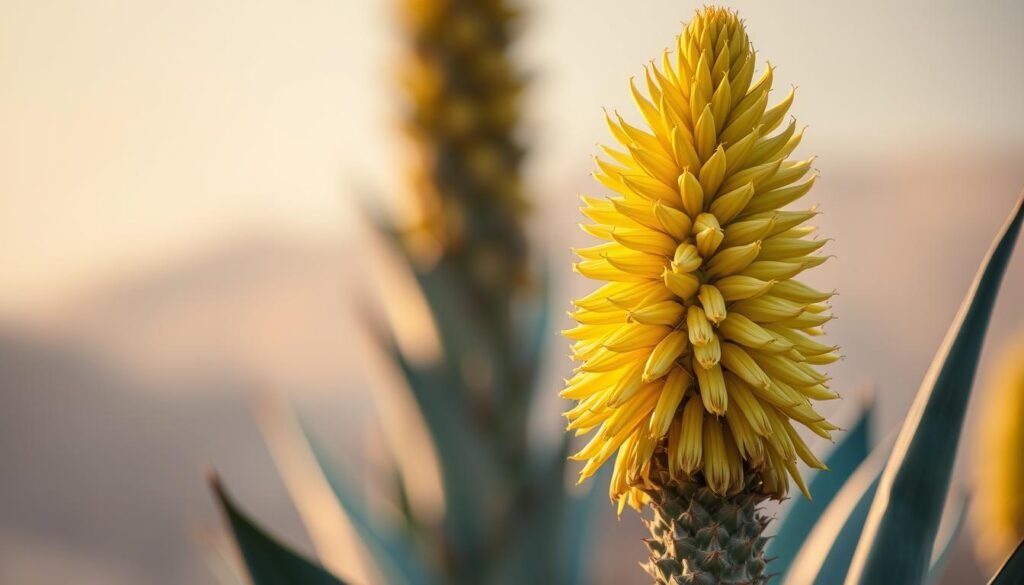 Agave Blüte und Besonderheiten: a close-up view of a majestic agave plant in full bloom, captured under soft, warm lighting. The towering flower spike rises gracefully against a hazy, out-of-focus background, showcasing the plant's unique and captivating details. The fleshy, spiny leaves curl and twist, their intricate textures and shades of green and blue accentuated. In the foreground, the bountiful cluster of yellow-gold blossoms unfurls, their delicate petals and stamens radiating outward in a stunning display of nature's artistry. The overall composition conveys a sense of tranquility and wonder, inviting the viewer to appreciate the agave's remarkable life cycle and the special characteristics that make it a truly remarkable botanical subject.