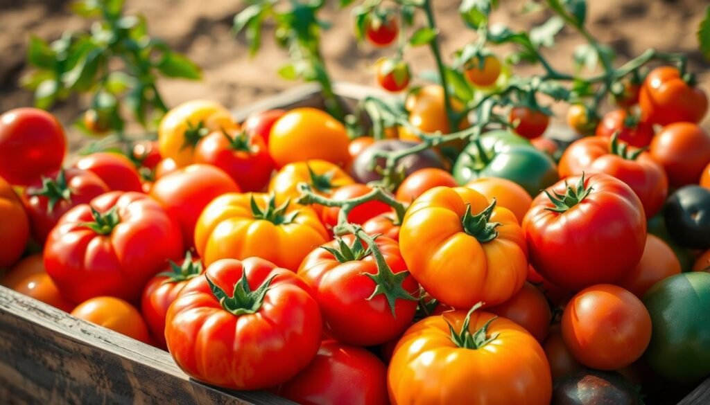 An assortment of vibrant, ripe tomatoes of various shapes, sizes, and colors arranged in a rustic, wooden crate or basket. The tomatoes are illuminated by warm, natural lighting, casting soft shadows and highlighting their vivid hues. The foreground showcases the diverse tomato varieties, from plump, juicy beefsteak types to small, cherry-sized specimens, each with its own unique character. In the middle ground, additional tomato plants or vines may be visible, suggesting the source of this bountiful harvest. The background features a subtly blurred, earthy backdrop, such as a garden or farmland, reinforcing the organic, homegrown nature of the scene. The overall composition conveys a sense of abundance, quality, and the celebration of the diverse tomato varieties available for selection. An assortment of vibrant, ripe tomatoes of various shapes, sizes, and colors arranged in a rustic, wooden crate or basket. The tomatoes are illuminated by warm, natural lighting, casting soft shadows and highlighting their vivid hues. The foreground showcases the diverse tomato varieties, from plump, juicy beefsteak types to small, cherry-sized specimens, each with its own unique character. In the middle ground, additional tomato plants or vines may be visible, suggesting the source of this bountiful harvest. The background features a subtly blurred, earthy backdrop, such as a garden or farmland, reinforcing the organic, homegrown nature of the scene. The overall composition conveys a sense of abundance, quality, and the celebration of the diverse tomato varieties available for selection.