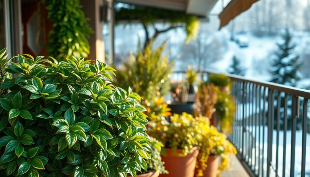 An elegant arrangement of lush, verdant evergreen plants thriving on a cozy balcony, illuminated by warm, natural light. In the foreground, a cluster of hardy, frost-resistant shrubs and perennials, their glossy leaves glistening. In the middle ground, a mix of potted plants, their foliage cascading over the edges of terracotta containers. In the background, a glimpse of a snowy landscape, creating a serene, wintery backdrop. The scene radiates a sense of resilience and year-round beauty, perfectly capturing the advantages of choosing winterhardy plants for the balcony.