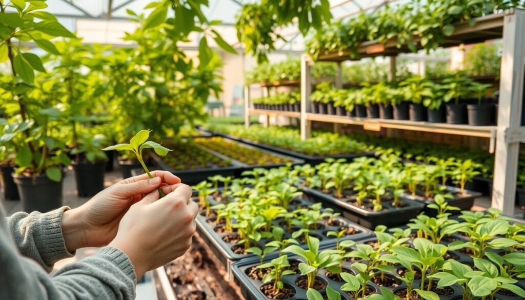An indoor greenhouse filled with lush, vibrant Zimmerlinde (Tilia cordata) plants. In the foreground, a gardener's hands delicately taking cuttings, preparing them for propagation. The middle ground showcases the process, with carefully arranged trays of rooting Zimmerlinde stecklinge (cuttings). In the background, shelves of potted Zimmerlinde seedlings, their tender leaves catching the warm, diffused light from the greenhouse windows. The scene has a serene, nurturing atmosphere, conveying the care and attention required to successfully cultivate and propagate this beloved houseplant.