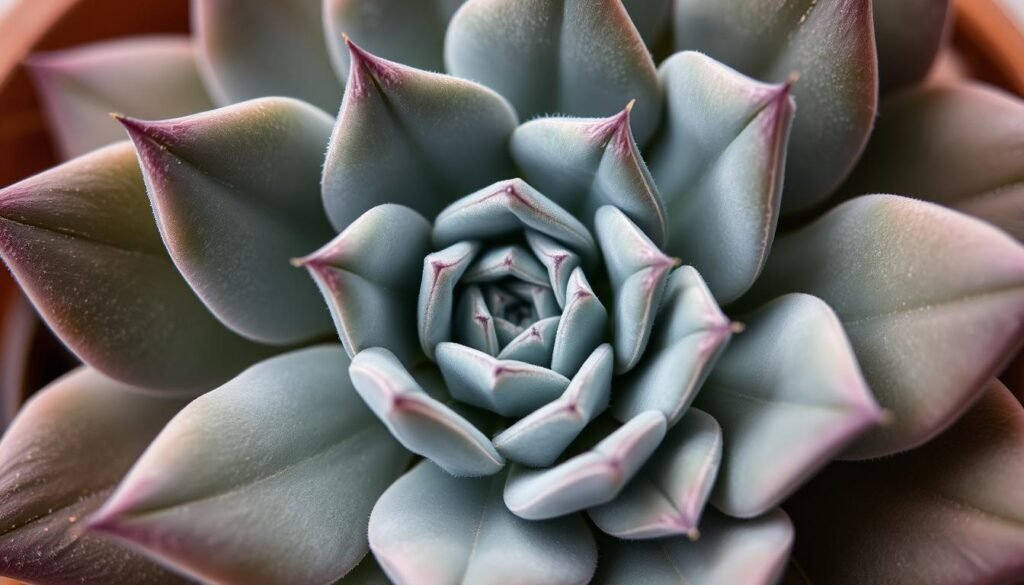 Blattstruktur Senecio: A close-up photograph of the intricate leaf structure of a Senecio plant. The leaves are thick, succulent, and arranged in a spiral pattern, creating a visually striking and textured composition. The lighting is soft and natural, highlighting the subtle gradients and veining within the leaves. The background is blurred, placing the focus entirely on the captivating details of the plant's foliage. The overall mood is one of serene, botanical beauty, showcasing the unique and captivating characteristics of the Senecio species.