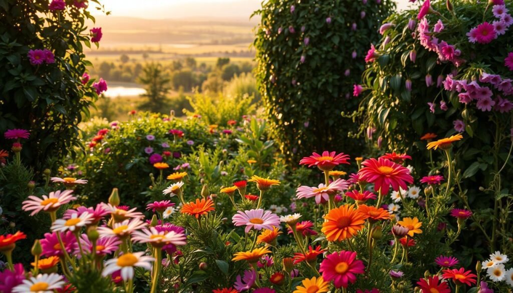 Blooming garden plants in a lush, vibrant scene. In the foreground, a variety of colorful flowers in full bloom, their petals gently swaying in a soft breeze. In the middle ground, a well-tended garden bed with diverse plant life, from towering shrubs to cascading vines. The background features a picturesque landscape, perhaps a rolling hill or a tranquil pond, bathed in warm, golden light. The scene is captured with a wide-angle lens, allowing the viewer to fully immerse themselves in the serene, natural beauty. The overall mood is one of peace, harmony, and the joyful celebration of nature's abundance.
