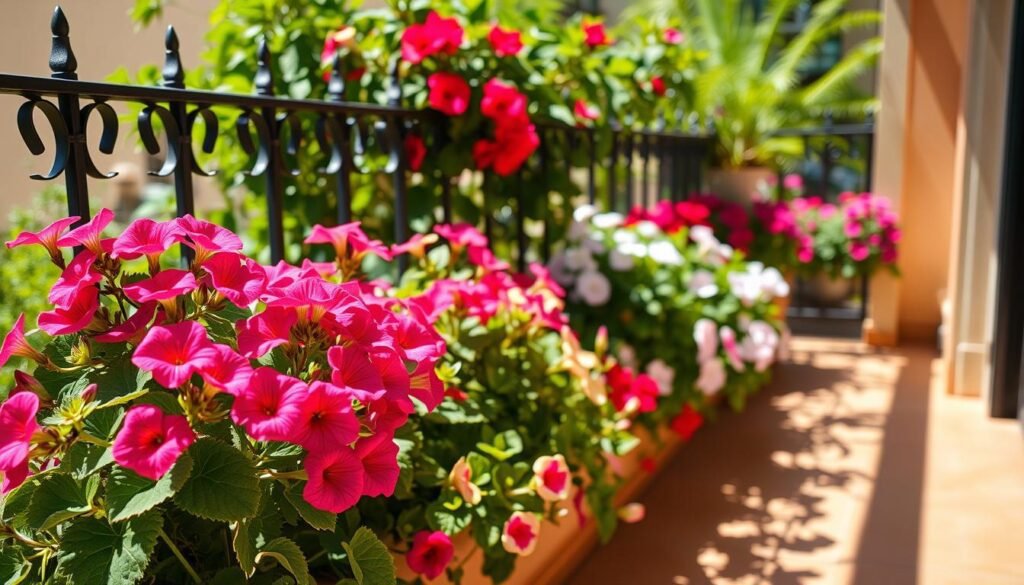 Blossoming geraniums and petunias on a sunny balcony, framed by wrought-iron railings and lush greenery. The vibrant flowers burst with life, their vibrant hues complemented by the warm glow of the Mediterranean-style architecture. Soft shadows play across the tiled floor, adding depth and dimension to the scene. A gentle breeze rustles the delicate petals, creating a sense of movement and vitality. The overall atmosphere is one of tranquility and joy, perfectly capturing the essence of a lush, thriving balcony garden in the heart of a southern European setting.