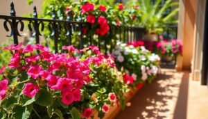 Blossoming geraniums and petunias on a sunny balcony, framed by wrought-iron railings and lush greenery. The vibrant flowers burst with life, their vibrant hues complemented by the warm glow of the Mediterranean-style architecture. Soft shadows play across the tiled floor, adding depth and dimension to the scene. A gentle breeze rustles the delicate petals, creating a sense of movement and vitality. The overall atmosphere is one of tranquility and joy, perfectly capturing the essence of a lush, thriving balcony garden in the heart of a southern European setting.