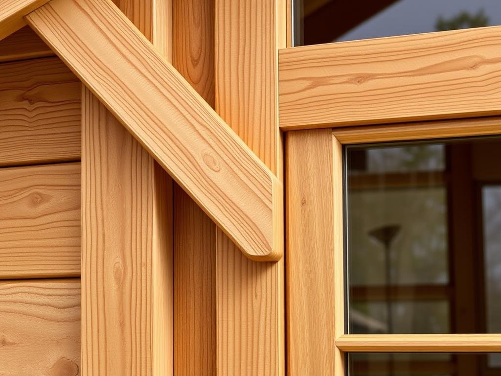 Detailaufnahme der hochwertigen Holzverarbeitung eines modernen Gartenhauses Detailaufnahme der hochwertigen Holzverarbeitung eines modernen Gartenhauses