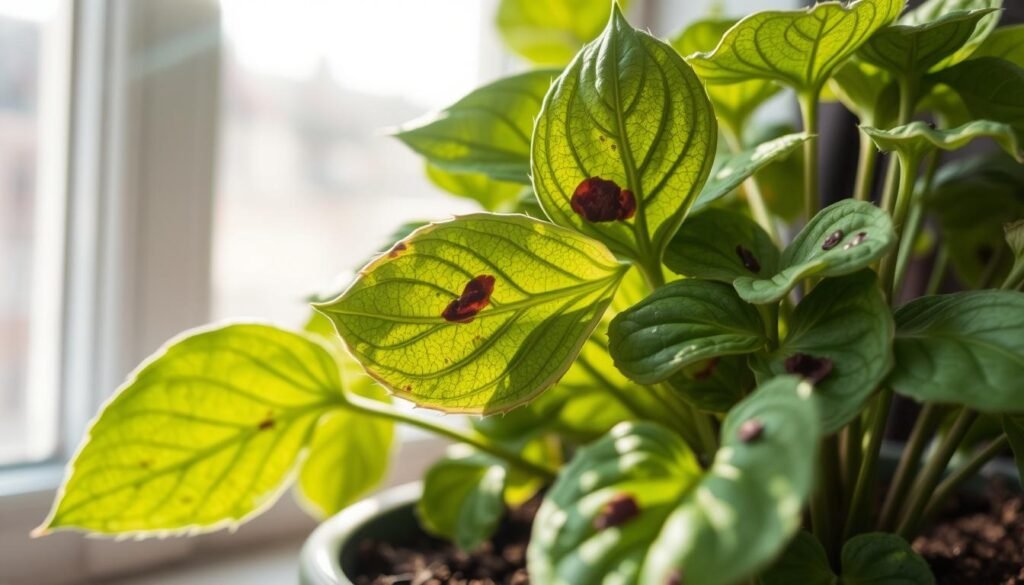 Detailed close-up of a Zimmerlinde plant with signs of improper care, illuminated by soft natural lighting streaming through a window. The leaves are wilted, discolored, and dotted with brown spots, indicating issues like overwatering, underwatering, or nutrient deficiency. The soil appears compacted and dry. The composition emphasizes the plant's struggle, conveying a sense of concern and a need for corrective action. The overall mood is one of concern but also offers an opportunity to educate and provide solutions.