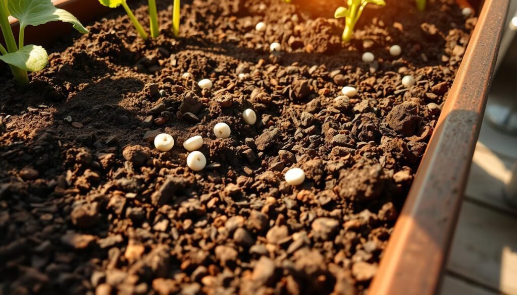 Detailed close-up of a garden planter filled with rich, dark organic soil, with a variety of fresh potting mix, compost, and slow-release fertilizer pellets scattered on the surface. The lighting is warm and natural, casting soft shadows across the planter. The image is captured from a low angle, emphasizing the texture and depth of the soil. The overall mood is one of abundance, nourishment, and the promise of vibrant, healthy balcony plants to come.