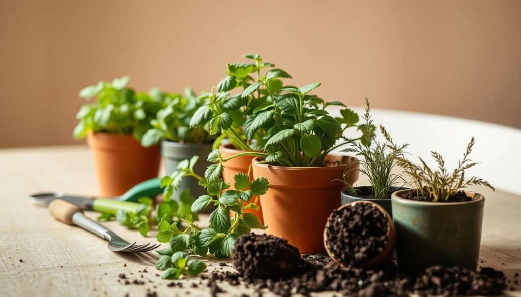 Detailed close-up of common mistakes in herb gardening on a backlit table, with various potted plants, soil, and gardening tools arranged in the foreground. Soft, warm lighting illuminates the scene, creating a serene, educational atmosphere. The middle ground features a carefully pruned herb plant, contrasting with wilting, overwatered, and pest-infested specimens. The background blurs into a neutral, understated setting, allowing the focal points to shine. Crisp, high-resolution rendering with a natural, organic aesthetic.