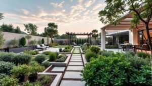 Detailed garden layout with modern, minimalist design. Lush greenery in the foreground, featuring an array of potted plants, shrubs, and a small water feature. Middle ground showcases neatly arranged flower beds, geometric pathways, and sleek outdoor furniture. Backdrop depicts a stylish pergola, tall trees, and a tranquil sky with soft, diffused lighting. Emphasis on clean lines, harmonious color palette, and seamless integration of nature and modern elements. Conveys a sense of serene, sophisticated outdoor living space perfect for relaxation and entertaining.