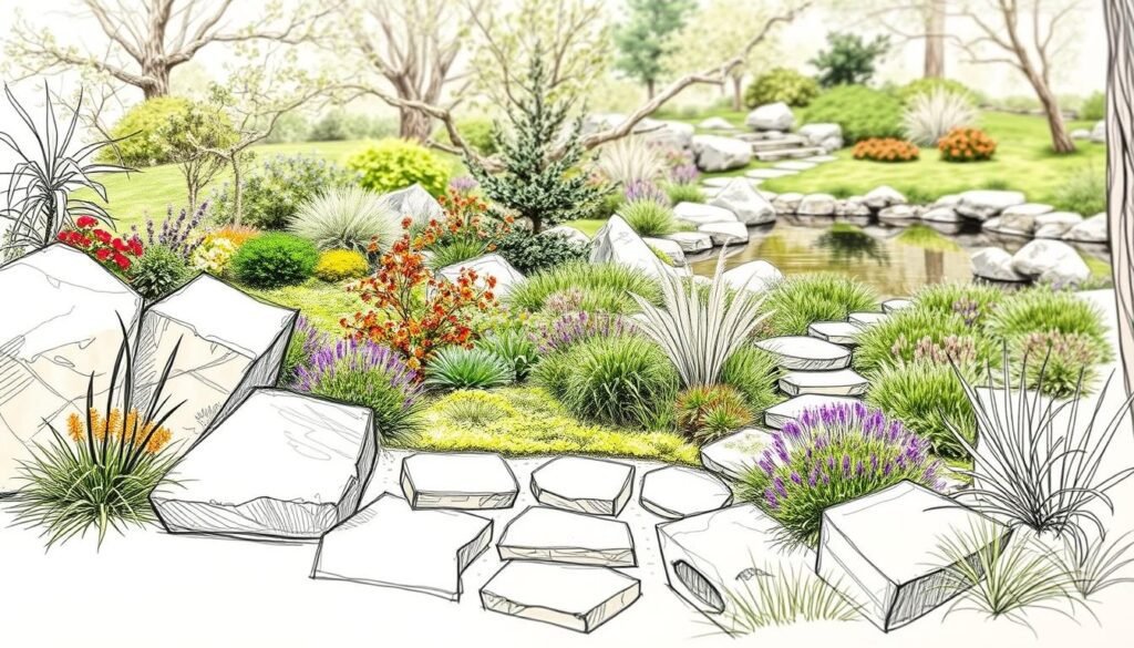 Detailed garden planning sketches, showing a lush, natural landscape with a focus on stone elements. Sketched in soft, earthy tones, the foreground depicts an arrangement of boulders, stepping stones, and a meandering path leading through a vibrant, diverse garden. The middle ground showcases a variety of plants, including flowering shrubs, ornamental grasses, and verdant ground cover. In the background, a tranquil water feature, such as a pond or stream, reflects the surrounding foliage. The overall composition conveys a sense of harmony, balance, and thoughtful design, capturing the essence of a well-planned, harmonious garden landscape. Detailed garden planning sketches, showing a lush, natural landscape with a focus on stone elements. Sketched in soft, earthy tones, the foreground depicts an arrangement of boulders, stepping stones, and a meandering path leading through a vibrant, diverse garden. The middle ground showcases a variety of plants, including flowering shrubs, ornamental grasses, and verdant ground cover. In the background, a tranquil water feature, such as a pond or stream, reflects the surrounding foliage. The overall composition conveys a sense of harmony, balance, and thoughtful design, capturing the essence of a well-planned, harmonious garden landscape.